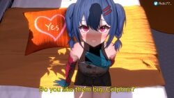 :o blue_hair colphne drooling girls'_frontline imminent_sex looking_at_viewer looking_up on_bed penis_awe penis_shadow purple_eyes relic77 yes_pillow
