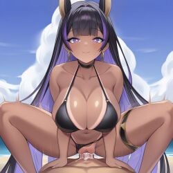 1boy 1girls ai_generated azur_lane beach beach_sex bikini bikini_aside black_bikini black_hair breasts cleavage cleopatra_(azur_lane) cowgirl_position cum cum_in_pussy cum_inside dark-skinned_female dark_skin dripping_cum female gold_jewelry hair_highlights hoop_earrings jackal_ears large_breasts long_hair male male_pov motion_lines penis pov purple_eyes purple_hair purple_highlights pussy sex squatting_cowgirl_position star_pupils tanline tanlines thigh_strap thighs two_tone_hair unusual_pupils vaginal_penetration vaginal_sex very_long_hair