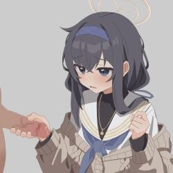 1boy aaua black_hair blue_archive blue_eyes cardigan censored female grey_background hair_between_eyes halo handshake highres long_hair mosaic_censoring off-shoulder_cardigan off-shoulder_sweater off_shoulder parted_lips penis simple_background sweater ui_(blue_archive)