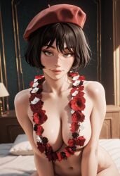 ai_generated bed bedroom beret black_hair blue_eyes breasts clair_obscur:_expedition_33 completely_nude earrings female flower_necklace freckles hat janeb light-skinned_female looking_at_viewer nude solo solo_female sophie_(clair_obscur:_expedition_33)