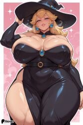 ai_generated bare_thighs blonde_hair blue_eyes gigantic_breasts huge_breasts huge_thighs light-skinned_female light_skin long_hair looking_at_viewer mario_(series) massive_breasts nintendo oiled_body oiled_skin princess_peach smiling solo_female squatting super_mario_bros. sweat sweatdrop thick_body thick_female thick_thighs thighs voluptuous voluptuous_female witch_hat yashugai