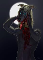 alienlin anthro blood bodily_fluids canid canine canis ear_piercing full_moon fur gore grey_body grey_fur hair headless hi_res horror_(theme) long_hair male mammal moon multicolored_hair piercing severed_body_part severed_head shine_(denungaulven) solo stretched_ears tongue tongue_out two_tone_hair undead wolf