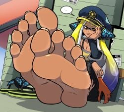 1girl agent_3_(splatoon) bare_feet barefoot calm captain_(splatoon_3) captain_hat cleavage feet female female_focus female_only flip_flops foot_fetish foot_focus hand_on_head hand_rest headphones inkling inkling_girl meaty_soles mostlyfunstuff nintendo orange_eyes presenting_feet ragged_clothing resting_head shoes shoes_removed soles splatoon splatoon_3 splatoon_3:_return_of_the_mammalians stern_expression stoic tan-skinned_female tentacle_hair toes yellow_hair