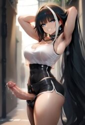 abs ai_generated armpit_hair armpits athletic_futanari azur_lane balls_under_clothes black_hair blue_eyes breasts choker deutschland_(azur_lane) dripping_cum futanari large_breasts long_hair multicolored_hair penis penis_out pubic_hair short_shorts shorts smiling streaked_hair tank_top