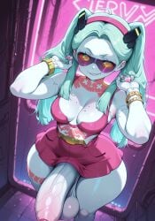 ai_generated civitai clothed cock cyberpunk:_edgerunners cyberpunk_2077 futa_only futanari grin hands_in_hair headband hi_res jewelry large_breasts looking_at_viewer miniskirt myth1c2 nail_polish neck_tattoo pink_clothing pink_nails rebecca_(edgerunners) shades small_breasts smile tattoo tattoos thick_thighs twintails veiny_penis wide_hips