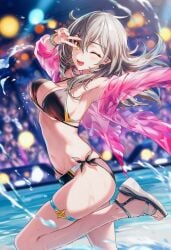 ai_generated armpit bikini honkai:_star_rail night_background one_eye_closed peace_sign raaicave sandals stelle_(honkai:_star_rail)