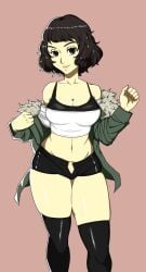 1girls asian asian_female bedroom_eyes belly belly_button black_bra black_eyebrows black_eyes black_hair black_pants black_thighhighs booty_shorts brown_background cleavage clothing collarbone cropped cropped_legs female glistening glistening_body glistening_eyes gummidx light-skinned_female light_skin midriff persona persona_5 pink_lips raven_hair sadayo_kawakami sakura_futaba_(cosplay) short_hair simple_background simple_shading spread_legs thick_thighs thighhighs thighs white_topwear winter_jacket zipper_down