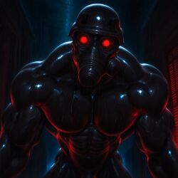 1boy ai_generated alley alleyway barely_visible_genitalia barely_visible_penis gas_mask glowing_eyes helmet helmet_only hunk_(resident_evil) latex latex_clothing latex_suit male muscular muscular_male night night_sky penis_outline raining red_eyes resident_evil scary solo