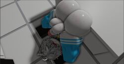 3d bell big_ass big_balls black_shirt blocky_body blue_penis blue_socks blush femboy gay glasses james_(yopimz) male piercing roblox robloxian thick_thighs white_body white_fur white_hair white_tail yopimz