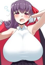 absurdres arm_up armpits bare_arms bare_shoulders bb_(fate) blush breasts cape collared_leotard commentary_request fate/extra fate/extra_ccc fate/grand_order fate_(series) female gloves hair_ribbon hand_up heattech_leotard highres huge_breasts leotard long_hair looking_at_viewer okome_(pixiv108949149) open_mouth pleated_skirt purple_cape purple_eyes purple_hair purple_skirt red_cape red_ribbon ribbon simple_background skirt sleeveless sleeveless_turtleneck_leotard solo turtleneck two-tone_cape upper_body white_background white_gloves white_leotard yawning