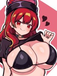 1girl :q absurdres bikini bikini_top_under_shirt bikini_under_clothes black_bikini black_choker black_shirt blush breasts choker cleavage closed_mouth clothes_lift commentary_request hair_between_eyes heart hecatia_lapislazuli highres kukurukurukuru large_breasts long_hair looking_at_viewer red_eyes red_hair shirt shirt_lift short_sleeves smile solo swimsuit tongue tongue_out touhou triangle_bikini_top underworld_(ornament) upper_body