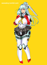 1girls abs areolae big_breasts blue_hair breasts feet female female_only labrys large_breasts long_hair looking_at_viewer nipples persona persona_4_arena pink_eyes pubic_hair pussy robot_girl saxwakuy school_uniform skirt slightly_chubby smile teeth text thick_thighs url watermark wide_hips yellow_background