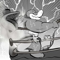 2025 absurd_res alligator alligatorid anthro ass bodily_fluids brok_(brok_the_investigator) brok_the_investigator bulge clothing cowcat_games crocodilian duo fighting_ring hi_res jockstrap joesanchez male mammal murid murine musk overweight overweight_male rat reptile rodent scalie smelly squealers_chief sweat underwear