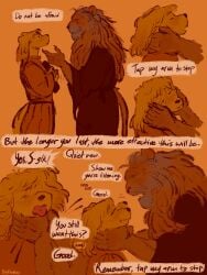 age_difference anthro asphyxiation barbary_lion boypretties breath_play canid canine comic dialogue duo felid hi_res lion male male/male mammal master_and_disciple pantherine size_difference the_apprentice's_plea