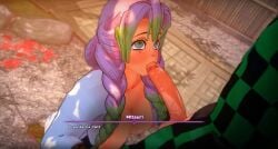 1boy 1girl balls big_ass big_breasts black_hair blowjob blush breasts demon_slayer fictionlover fucking green_eyes green_hair hot_spring kamado_tanjirou kanroji_mitsuri kimetsu_no_yaiba mitsuri_kanroji pink_hair sex titjob
