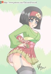black_hair blush blush_lines chrissursilversoul erika_(pokemon) grey_eyes hands_on_hips kimono nintendo panties pokemon upskirt
