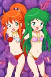 2girls armor armpits arms_up ayanokouji_rem bare_shoulders between_thighs bikini bikini_armor blush cameltoe caron_(rall) commission commissioner_upload cream_lemon crossover dream_hunter_rem fugetsu_taku green_eyes green_hair grinding highres long_hair monster multicolored_bikini multiple_girls navel open_mouth orange_hair pink_bikini ponytail rape red_bikini restrained sf_choujigen_densetsu_rall shoulder_armor side-tie_bikini_bottom skeb_commission stomach sweat swimsuit tentacle tentacle_between_legs thighs trait_connection two-tone_bikini