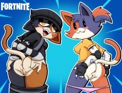 anthro anus ass blush bottomless cate_meowdy cate_meowdy_(fortnite) clothed clothing domestic_cat duo epic_games felid feline felis female fortnite genitals hi_res looking_back mammal meow_skulls meow_skulls_(fortnite) presenting presenting_anus presenting_hindquarters presenting_pussy pussy spread_butt spreading weirdkoaladream