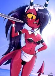 2023 absurd_res angry bikini black_hair breasts bulge cleavage clothed clothing detailed_bulge eye_scar facial_scar futanari genital_outline gynomorph hair hair_over_eye helluva_boss hi_res holding_object holding_tray horn horned_humanoid humanoid imp intersex lens_flare long_hair low-angle_view maid_bikini maid_uniform outside penis_outline portrait red_body red_skin sallie_may_(helluva_boss) scar sea skimpy_bikini sky small_breasts solo spade_tail sun swimwear tail tailed_humanoid teeth the-butcher-x three-quarter_portrait tooth_gap trans_(lore) trans_woman_(lore) two-piece_swimsuit uniform water yellow_sclera