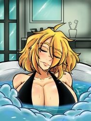 1girls bathing bathroom big_breasts bikini blonde_hair blue_bikini blush breasts breasts_bigger_than_head bubbles closed_eyes clothed el_diario_de_jonathan female huge_breasts jayden_murtons massive_breasts petina petoart short_hair solo sweat swimsuit water