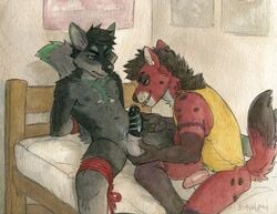 2boys angry anthro anthro_on_anthro athletic ball_grab balls bedding black_fur black_hair blue_eyes bondage bottomless clothed clothing cum cum_drip dripping duo ear_piercing erection fur gay grey_fur hair half-closed_eyes handjob hands_behind_back humanoid_penis hyena male male_only mammal nude penis piercing precum red_fur sex sicklyhypnos sitting smaller_version_at_source smile spotted_hyena yaoi yellow_eyes