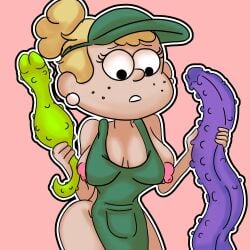 1female apron apron_only big_boobs big_breasts blonde_female blonde_hair boobs breasts caritxxx cartoon cartoon_network clarence dildo dildo_in_hand female freckles green_apron green_dildo hat human_female meg_julep nipples nipples_outside no_background octopus_tentacle purple_dildo self_upload semi_naked semi_nude simple_background solo_female tentacle toys white_skin