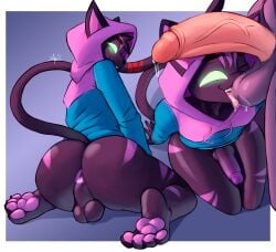 anthro anus ball_lick balls bodily_fluids bottomless claws clothed clothing cum domestic_cat duo epic_games erection felid feline felis fortnite genital_fluids genitals hi_res hoodie leaking_cum licking looking_at_viewer male male/male mammal nyanja_(fortnite) oral partially_clothed pawpads paws precum sex tongue topwear xlyuz