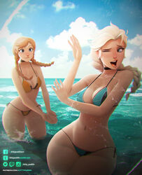 2girls anna_(frozen) beach bikini bikini_bottom bikini_top blonde_hair choker clothed disney elsa_(frozen) female female_only frozen_(film) fully_clothed kittypuddin medium_breasts outdoors ponytail sillygirl sinner sisters splashing twintails water