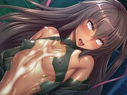 ahe_gao aoi_nagisa_(metalder) blush breasts brown_hair cum curvy dark_skin female gloves grabbing hair_ribbon highleg highleg_leotard hips leotard lilith-soft long_hair masturbation mizuki_yukikaze moaning nipples nude open_mouth paizuri pink_eyes pokies puffy_nipples ribbon shiny shiny_skin small_breasts straight sweat taimanin_(series) taimanin_asagi_battle_arena taimanin_yukikaze tan tanline thick_thighs thighhighs thighs thong_leotard twintails upper_body very_long_hair