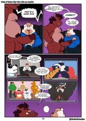 2025 absurd_res anal anthro balls bear belly bottomwear bulge canid canine canis clothing comic dialogue domestic_dog duo english_text erection genitals giant_panda grolarbearsins hi_res hoodie male male/male mammal moobs nipples overweight overweight_male pants penis sitting suid suine surprised sus_(pig) text tongue tongue_out topwear wild_boar
