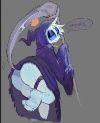 arched_back ass backsack balls barefoot big_butt boo_(mario) butt_focus cloak clothed clothing clothing_lift collar crown english_text eyeshadow feet femboy floating genitals ghost glistening glistening_body half-closed_eyes headgear hi_res humanoid looking_at_viewer looking_back looking_back_at_viewer makeup male mario_bros melee_weapon narrowed_eyes nintendo no_underwear polearm ponyzilla presenting presenting_hindquarters rear_view scythe solo speech_bubble spikes spirit taro_(ponyzilla) teasing teasing_viewer text thick_thighs thigh_strap weapon