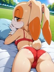 1girls ai_generated camel_toe cream_the_rabbit female female/solo foxknightyouko lingerie mobian mobian_rabbit pillow posing rabbit red_underwear sega solo sonic_the_hedgehog_(series) underwear