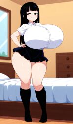 ai_generated bed black_eyes black_hair black_skirt breasts bulging_breasts button_shirt female hand_on_hip huge_breasts knees light-skinned_female light_skin long_hair monoe no_nose smug standing thick thick_thighs thighs thunder_thighs white_shirt wooden_floor yume_nikki
