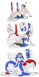 2016 absurd_res all_fours anthro ass balls biped blue_body blue_countershading blue_hair blue_inner_ear blush bodily_fluids bottomwear bottomwear_around_legs boxers_(clothing) breast_growth breasts canid canine clothed clothing clothing_around_legs colored countershading directional_arrow english_text erection featureless_breasts female fox front_view gender_transformation genital_fluids genitals genitals_shrinking goo_drip goo_transformation green_eyes grown_hair growth gynomorph hair hand_on_ground hi_res highlights_(coloring) human human_to_anthro humanoid_genitalia intersex kneeling lapinousmalice latex legs_together looking_up mammal motion_lines mtf_transformation nude open_mouth pants pants_around_legs penis penis_shrinking pussy red_body red_highlights side_view simple_background sitting sitting_on_ground smile snout snout_growth solo species_transformation tail tail_growth text tongue topless transformation transformation_sequence underwear underwear_only white_background white_body worried