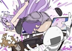 1girls 1other 2025 ass ass_focus ass_up big_ass cat_ears cat_tail catgirl computer computer_monitor female hi_res hololive hololive_gamers hololive_japan light-skinned_female light_skin looking_back nekomata_okayu open_mouth pc portal purple_eyes purple_hair short_shorts surprised sweat sweatdrop virtual_youtuber vtuber white_background