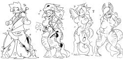 2014 anthro balls_outline big_breasts biped bottomwear breasts bulge clenched_teeth clothed clothing countershading detailed_bulge digitigrade dripping_pussy female fish fully_clothed gender_transformation genital_outline genitals goo_drip goo_transformation hair hi_res human_to_anthro marine markings melee_weapon monochrome mtf_transformation mxl nipples non-mammal_breasts non-mammal_nipples non-mammal_pussy nude one_eye_closed open_mouth pants penis_outline pussy shark shirt simple_background solo species_transformation standing suit_transformation sword tail teeth topwear transformation transformation_sequence weapon white_background
