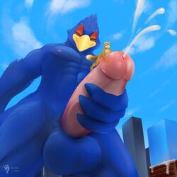 avian blurthefur canine city cum erection falco_lombardi fox looking_down looming low-angle_view macro male male_only mammal masturbation nintendo penis star_fox video_games