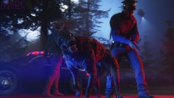 3d_(artwork) absurd_res anthro armor balls blender_(artwork) blender_cycles blue_eyes canid canine canis car clothing digital_media_(artwork) dobermann domestic_dog fangs feral genitals glowing glowing_eyes group gun hi_res human male mammal night obsceneeighteensfm officer outside pinscher plant police police_uniform ranged_weapon showing_teeth teeth tree trio uniform vehicle weapon