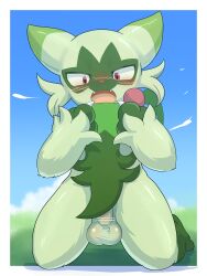 2025 absurd_res anthro balls blush censored cheek_tuft cute_fangs facial_tuft fangs felid feline flaccid floragato foreskin front_view fur fur_tuft generation_9_pokemon genitals green_arms green_balls green_body green_ears green_fingers green_fur green_hands green_head green_legs green_penis green_tuft hi_res humanoid_genitalia humanoid_penis kneeling mammal nintendo nude open_mouth penis pink_eyes pink_tongue pokemon pokemon_(species) popkage retracted_foreskin teeth tongue tuft