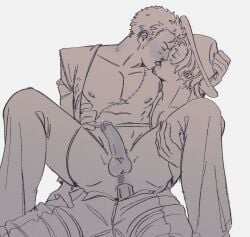 anal assless_pants blush chest_scar cowboy cowboy_hat cum exposed_breasts exposed_torso gay grabbing_hat grayscale hat lowered_pants male male/male male_only male_penetrated male_penetrating male_penetrating_male mostly_clothed mostly_clothed_male nipple_piercing no_color one_piece open_shirt pants pants_down penetration pierced_nipples piercing piercings precum precum_bubble riding riding_dick riding_penis roronoa_zoro sanji sanji_(one_piece) scar scarred_body sitting sitting_on_another sitting_on_lap sitting_on_penis sitting_on_person unzipped_pants vinsmoke_sanji yaoi yellowishuh