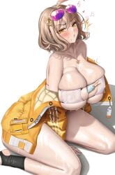 ahoge anis_(nikke) anis_(sparkling_summer)_(nikke) anti_kumo arm_between_legs between_breasts bikini black_socks blush breasts brown_hair cleavage coat collarbone commentary_request drooling eyepatch_bikini eyewear_on_head female food food_on_body goddess_of_victory:_nikke hair_ornament highres huge_breasts jewelry looking_at_viewer necklace official_alternate_costume parted_lips popsicle saliva short_hair simple_background sitting socks solo sunglasses swimsuit thick_thighs thighs wariza white_background white_bikini yellow_coat yellow_eyes