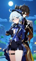 ai_generated ai_hands exposed_breasts furina_(genshin_impact) genshin_impact hand_on_breast unbuttoned_shirt zhongli_(genshin_impact)