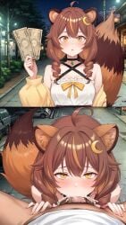 ai ai_generated before_and_after girl liri liri_luna liriluna money oral oral_sex tanuki_ears tanuki_girl tanuki_tail virtual_youtuber vtuber