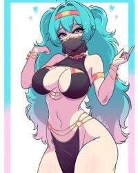 1girls 2025 alternate_version_available belly belly_dancer belly_dancer_outfit big_breasts black_bra black_clothing black_panties black_top black_topwear blue_eyebrows blue_hair boob_window curvy curvy_female curvy_figure cyan_hair eyebrows female gato_gratam harem_outfit hatsune_miku human instagram_link light-blue_hair light-skinned_female looking_at_viewer mask masked_female mouth_mask navel no_ai o-ring revealing_clothes solo turquoise_hair vocaloid white_background