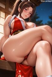 1girls ai_generated ass big_breasts brown_eyes brown_hair clothed clothing fatal_fury female female_only from_below hair_ribbon high_ponytail king_of_fighters looking_away mai_shiranui panty_peek patreon ponytail salupai sitting snk solo solo_female thick_ass thick_hips thick_thighs uncensored watermark