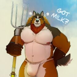 2025 absurd_res anothereidos_of_dragon_vein_r anthro areola asian_clothing barazoku belly biceps big_bulge big_muscles bulge canid canine canis clothed clothing cloud day dialogue domestic_dog east_asian_clothing english_text eyebrows farmer fundoshi fur gloves got_milk? handwear hat headgear headwear hi_res holding_object holding_tool huge_bulge huge_muscles japanese_clothing kemono kerchief looking_at_viewer male mammal meme musclegut muscular muscular_anthro muscular_male navel neckerchief neckwear nipples outside pecs pitchfork proteo_(gigantified_mode) smile solo standing straw_hat talking_to_viewer text thick_arms thick_thighs tools topless topless_anthro topless_male tuft underwear zcdartz