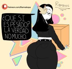 accurate_art_style artist_name artist_signature ass ass_focus back_view big_ass big_butt box butt_focus clothes coral_glasses dialogue digital_art digital_drawing_(artwork) digital_media digital_media_(artwork) ena_(series) flat_colors ramakopa_(artist) spanish_text suggestive