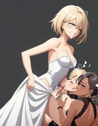 ai_generated blonde_hair blue_eyes blush cheating cheating_on_wedding_day clenched_teeth clothed_sex clothing cum cum_drip cum_on_face cumshot dark_skin dress dress_lift dressed erection eyelashes female/female/female friends futa_with_female futanari grin jerking jerkingoff kneeling light-skinned_female light-skinned_futanari nordenfuta penis sweat sweatdrop sweating tanned_skin thighs updo veiny_penis wedding wedding_day wedding_dress white_body