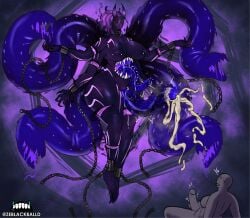 1boy 1girls 6_eyes anon chain_leash chains eldritch_horror female horns larger_female male monster monster_girl multi_eye sharp_teeth stomach_mouth taller_girl zeblackballd_(artist)