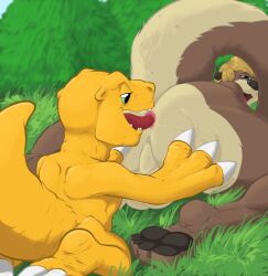 agumon anal anthro anus ass backsack balls bandai_namco blonde_hair blue_eyes claws digimon digimon_(species) duo gay genitals green_eyes hair male male/male mammal mustelid oral otter pandottermon perineum rimming sex tongue tongue_fucking yaoi yellow_body